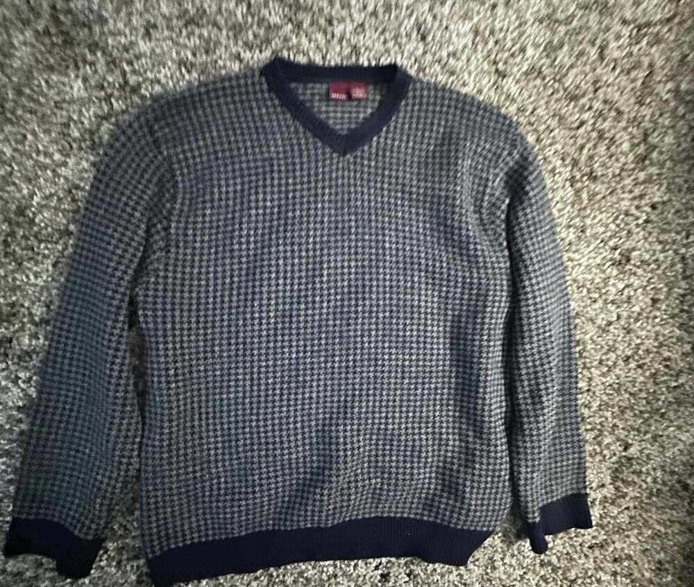 Merona Mens Vintage Houndstooth Lambswool V-Neck Sweater Blue Size Large